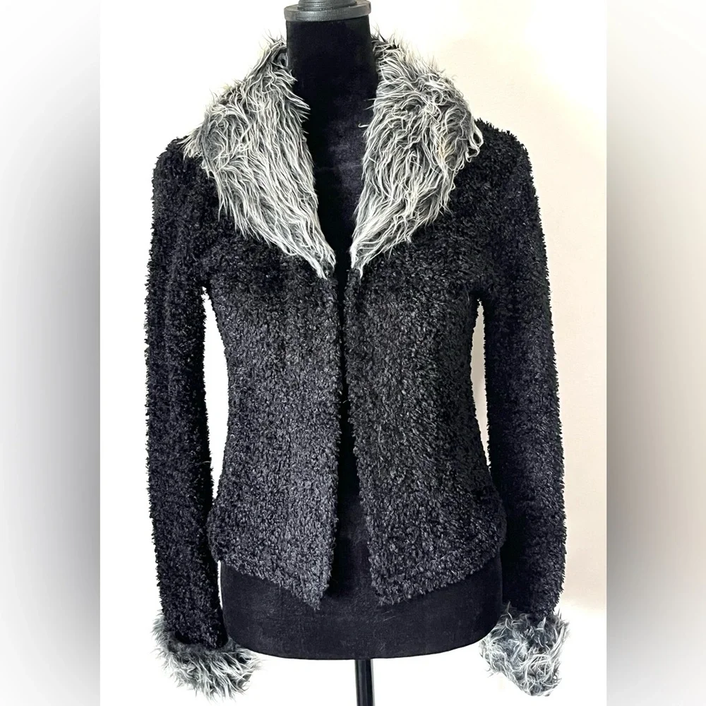 Vintage Catalyst New York Black Gray Faux Fur Trim Cardigan Sweater Women Size S